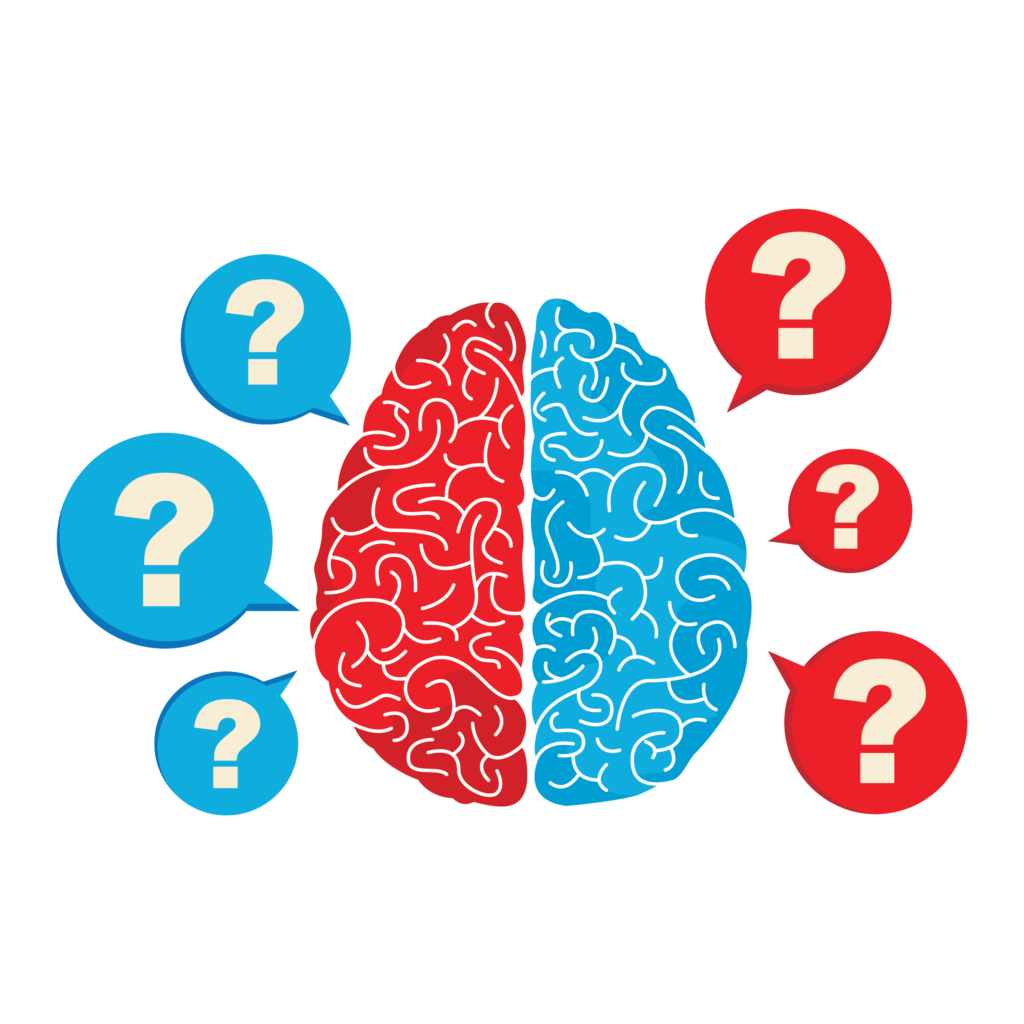 Brain with question marks and habit loops.